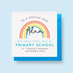 Erster Tag an der Grundschule Karte für Jungen, Sohn, Enkel, Patenkind, Neffe, Cousin, Bruder, Kindergarten, Empfang, 1., Sekundarstufe, personalisiert