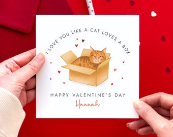 Personalisierte Ginger Cat in a Box Valentinstag Karte | Für Mann, Frau, Partner, Verlobten, Fiancée, Freund, Freundin