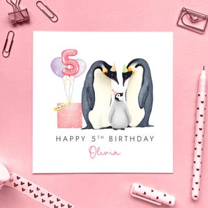 Carte personnalisée de 5e anniversaire de pingouin pour fille, carte de cinquième anniversaire personnalisée pour fille, petite-fille, nièce, filleule, enfant, 5 ans aujourd'hui