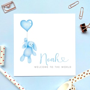 Carte personnalisée Lapin nouveau-né pour garçon | Bienvenue dans le monde, nouveau-né garçon, tout-petit, cadeau, nouveau-né bleu, nom, souvenir, lapin