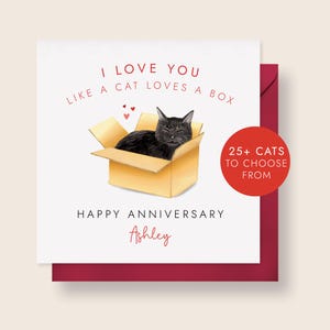 パートナーへのパーソナライズされた猫の記念日カード | 彼、彼女、ボーイフレンド、ガールフレンド、婚約者、夫、妻 | 26匹の猫からお選びいただけます