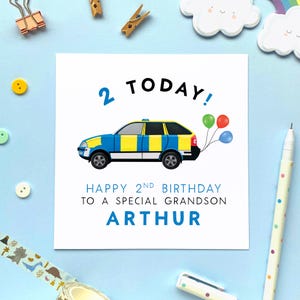 2e carte d'anniversaire personnalisée de voiture de police pour garçon, carte d'anniversaire personnalisée 2 aujourd'hui pour petit-fils, fils, neveu, cousin, frère, enfants, bébé, bleu