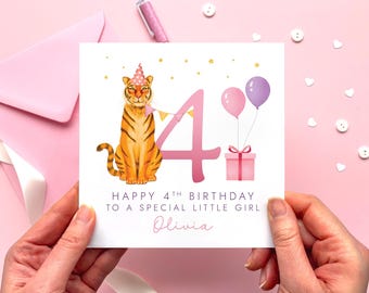 Personalised Tiger 4th Birthday Card for Girl | Daughter, Granddaughter, Niece, Goddaughter, Cousin, Sister