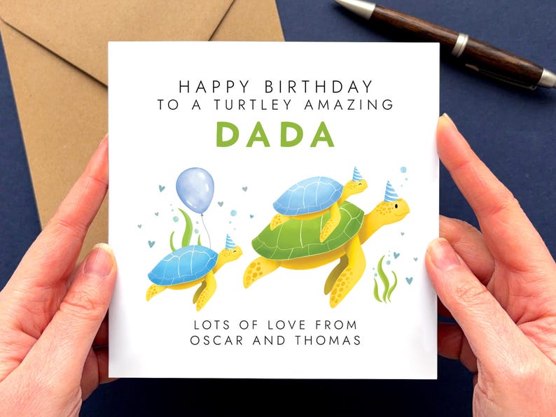 Personalised Turtles Birthday Card for Daddy | Dad, Dada, Papa, Pops, Grandad, Grandpa | Bday Card for Dad from Children 2 Children Both Blue