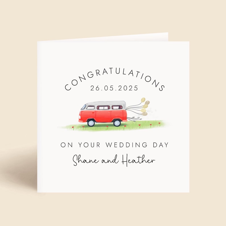 Personalised Camper Van Wedding Card | Just Married Card | Congratulations Card for Mr and Mrs | Card for Newlyweds | For Special Couple Red
