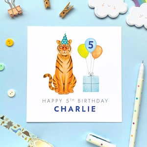 Cinquième carte d'anniversaire personnalisée tigre pour garçon, cinquième carte personnalisée pour fils, petit-fils, frère, neveu, enfants, enfant, cousin, jungle, animal