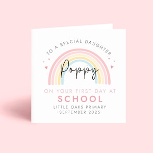 Erster Schultag Karte für Tochter, 1. Tag in der Schule Karte für Mädchen, Viel Glück bei der Grundschulkarte für Enkelin, Name