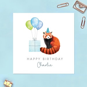 Carte d'anniversaire panda roux pour garçon, fils, petit-fils, neveu, filleul, frère, cousin, enfants, enfants, animal, zoo, nom personnalisé à tout âge