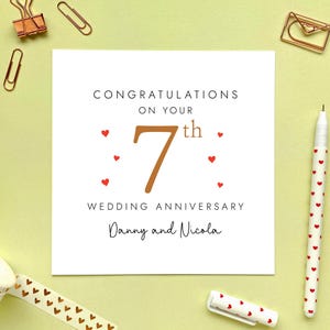 カップル向け 7 回目の結婚記念日カード、パーソナライズ、結婚 7 年、友人、息子、娘、姉妹、義理の兄弟、カスタム、名前 銅