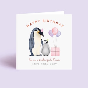 Personalisierte Pinguine Geburtstagskarte für Mama, von einem Kind, von zwei Kindern oder von drei Kindern, von Mama, von Mama, von Mama, von Mama, von Mama, mit benutzerdefinierten Namen