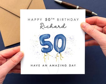 男性向け50歳の誕生日カード（パーソナライズ）｜彼への50歳の誕生日カード｜ネイビーバルーンデザイン