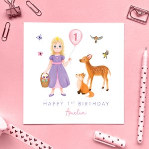 Carte d'anniversaire personnalisée pour fille, fille, petite-fille, nièce, soeur, filleule, bébé, première, un, 1, rose, princesse, animaux