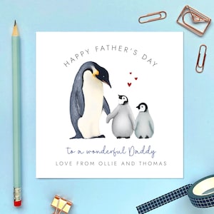 Pinguine Vatertagskarte für Daddy, Dada, Papa, Opa, Opa, von zwei Kindern, drei Kindern, Kind, Baby, Enkelkind personalisiert, Namen