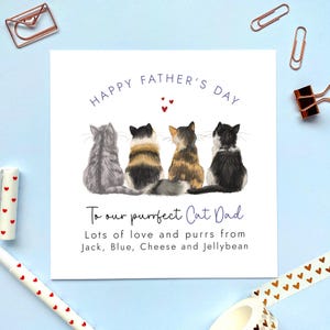 Carte de fête des pères chats personnalisée parmi les chats, pour papa chat, mari, petit ami, lui, homme, 2, 3, 4 ou 5 chats ou chatons, noms personnalisés