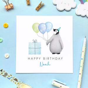 Personalisierte Pinguin Geburtstagskarte für Jungen, Sohn, Enkel, Bruder, Neffe, Kinder, Kinder, Baby, Blau, jedes Alter 1., 2., 3., 4., 5., 6