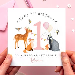 Personalised 1st Birthday Card for Girl, Woodland Animals Theme | Daughter, Granddaughter, Niece, Sister, Cousin, Baby