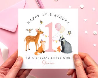 Personalised 1st Birthday Card for Girl, Woodland Animals Theme | Daughter, Granddaughter, Niece, Sister, Cousin, Baby