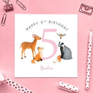 Carte personnalisée pour 5e anniversaire pour fille, fille, petite-fille, nièce, soeur, enfant, enfants, cinquième cinq 5 ans aujourd'hui, mignons animaux de la forêt