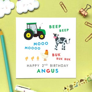 Carte personnalisée de 2e anniversaire de ferme pour garçon, deuxième carte d'anniversaire personnalisée pour fils, petit-fils, frère, neveu, enfants, enfants