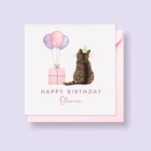 Tabby Katze Geburtstagskarte für Mädchen, Tochter, Enkelin, Nichte, Patentochter, Teenager, Frau, Freundin, Sie, personalisiert, Name