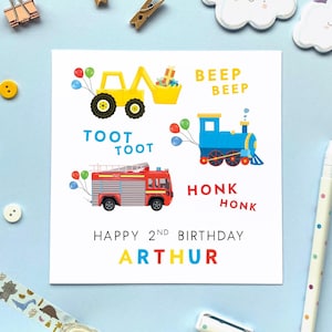 Carte de 2e anniversaire pour garçon, 2e carte d'anniversaire personnalisée, Deux aujourd'hui, Train à pelles et camion de pompiers, Thème de la construction, Prénom personnalisé pour garçons