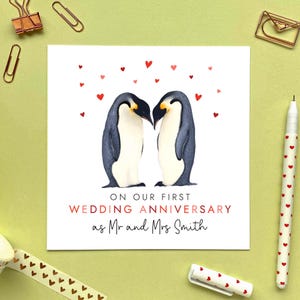 Carte Notre premier anniversaire de mariage avec Pingouins personnalisés en format Mr et Mme | Monsieur et Monsieur | Mme et Mme | Papier, 1er | Mari, femme, partenaire