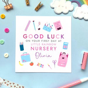 carte personnalisée Premier jour à la chambre d'enfant pour fille | Fille, petite-fille, nièce, soeur, primaire, école, réception, bonne chance le 1er anniversaire de votre naissance
