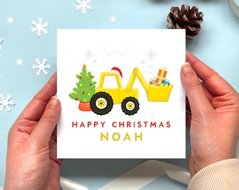 Personalised Digger Christmas Card for Boy | Grandson, Son, Nephew, Brother, Godson, Cousin | Yellow Tractor Xmas Card