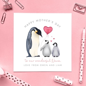 Personalisierte Pinguin Muttertagskarte für Nana | Oma, Oma, Nanny, Oma, Nanna, Nonna, Nan, Urgroßmutter, Mutter von Enkelkindern