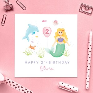 Carte d'anniversaire personnalisée sirène pour fille, fille, petite-fille, nièce, soeur, filleule, enfant, deuxième 2 aujourd'hui rose, océan, mer