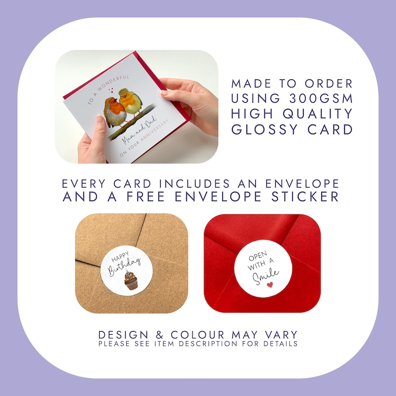 May include: A greeting card with a bird illustration and the text "To a Wonderful Mom and Dad on Your Anniversary." The image also shows a brown envelope with a "Happy Birthday" sticker and a red envelope with an "Open with a Smile" sticker.