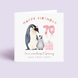 Carte personnalisée des 70 ans de pingouins pour grand-mère - Personnalisée pour 1, 2 ou 3 enfants, grand-mère, nounou, grand-mère, carte 70 aujourd'hui des enfants
