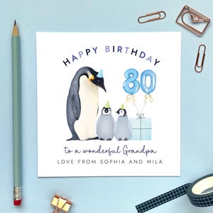 80e anniversaire de pingouin et deux enfants personnalisée pour grand-père | Grand-père, papa, papa, arrière-grand-père | Tout âge 50e 60e 70e 90e