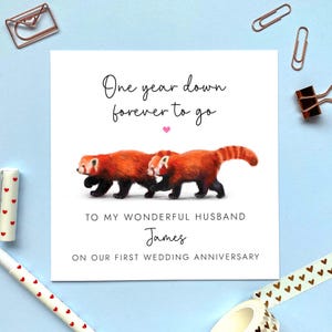 Personalisierte Roter Panda 1. Hochzeitstag Karte | Für Mann, Frau, Erst als Herr und Frau, 1 Jahr zusammen, erstes Jahr verheiratet, Papier