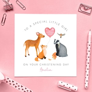 Carte de baptême personnalisée pour fille, fille, filleule, nièce, bébé, le jour de votre baptême, animaux de la forêt, prénom personnalisé mignon