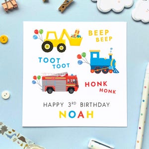 Carte d'anniversaire personnalisée pour garçon | Pour fils, petit-fils, frère, neveu, enfants, bébé, enfants | Digger, Train, Pompier, Voitures, Tiers