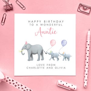 2 人の子供から叔母へのパーソナライズされた象の誕生日カード | 叔母、大叔母、姪、甥、子供、21 歳、30 歳、40 歳、50 歳、60 歳
