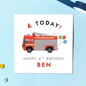 4e carte d'anniversaire pour garçon, carte d'anniversaire personnalisée camion de pompier pour petit-fils, fils, neveu, frère, filleul, nom personnalisé pour enfants, 4 garçons d'aujourd'hui