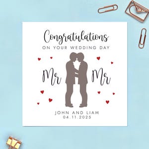 パーソナライズされた Mr & Mr ウェディング カード、お祝い、新婚、友人、ゲイのカップル、男性 2 人、息子と夫、義理の兄弟、新郎