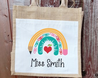 Personalised XL Jute Bag Shopping Books Knitting Teacher Rainbow Modern Stuff!