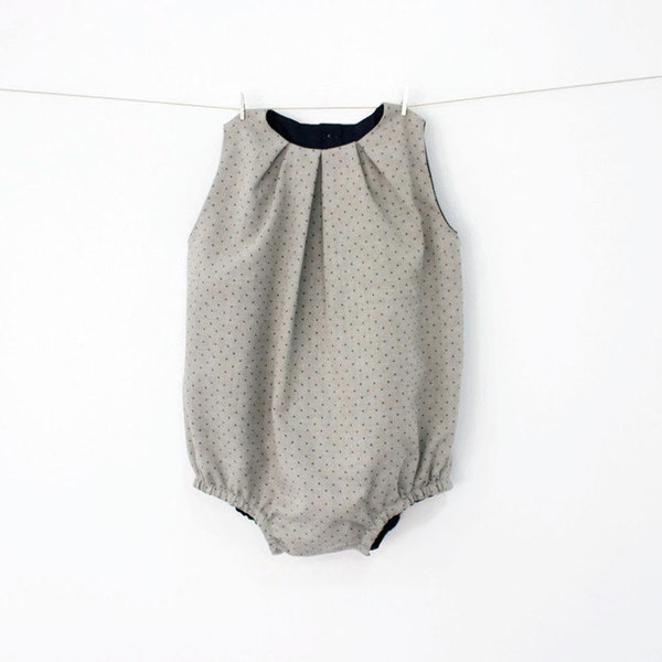 SALE Baby Girl Romper with front pleats – gray with blue dots romper – Headband optional