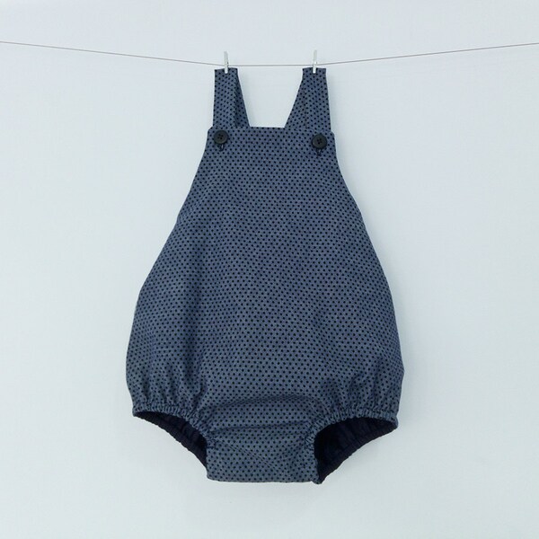 Baby Sun Suit Blue with Navy Blue Dots – Girl Boy Toddler – Chambray Cotton Summer Clothing
