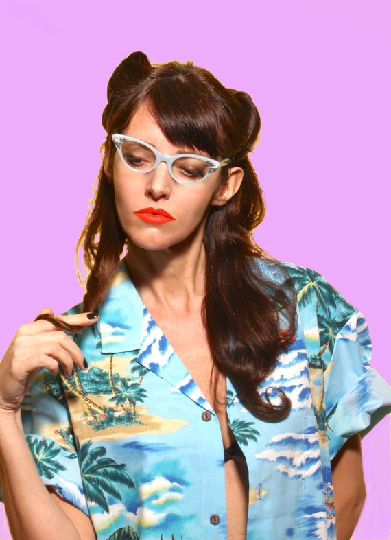 Cat eye glasses. Light blue color. Baby blue. Fift