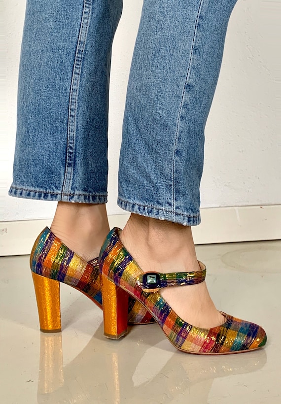 Christian Louboutin gingham pumps. Metallic and s