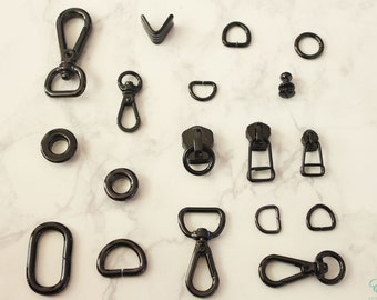 2pcs Jet Black Handbag Hardware Set: Snap Hooks, D Rings, Zipper Pullers