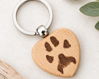 Personalised Pet Paw Print Keyring.  Custom engraved Wooden Heart Design. Dog / Cat memorial Gift. Actual prints.