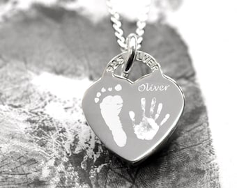 Personalised Engraved Hand and Footprint Silver Heart Necklace / Pendant.