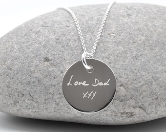 Engraved Handwriting Sterling Silver Disk Necklace / Round Pendant