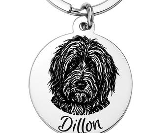 Personalised pet portrait keyring, photo to line art engraving, custom name