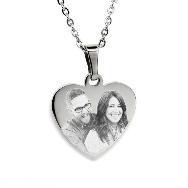 Personalised Photo & Text Engraved Heart Pendant Necklace. Stainless Steel